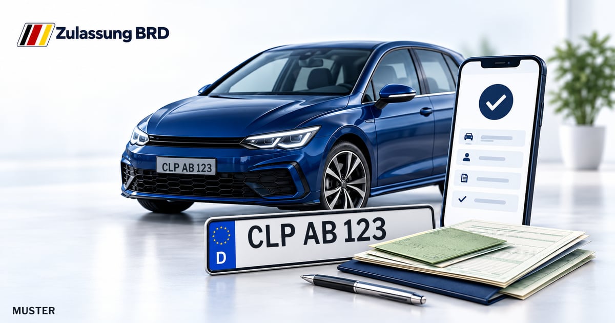 Online Fahrzeugzulassung in Landkreis Cloppenburg: Musterkennzeichen CLP AB 123, Auto und Fahrzeugpapiere und Smartphone. Illustration mit Logo von Zulassung BRD.